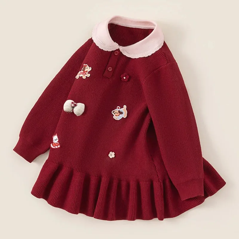 Vestido de invierno rojo para niña estilo princesa, tejido cálido - imagen 5