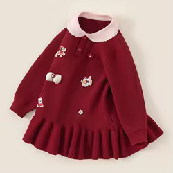 Vestido de invierno rojo para niña estilo princesa, tejido cálido