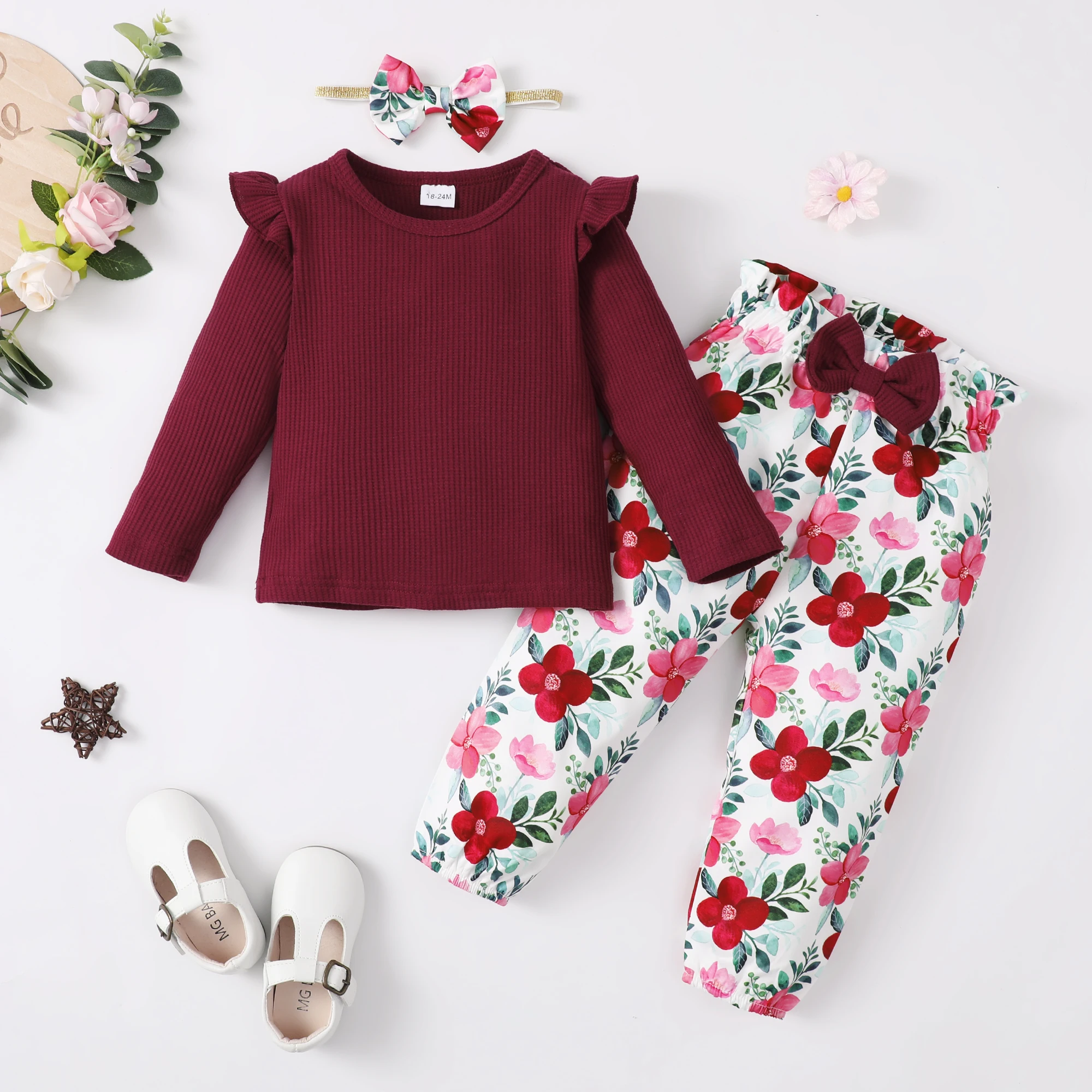 Conjunto niña primavera: top manga larga, pantalón y diadema