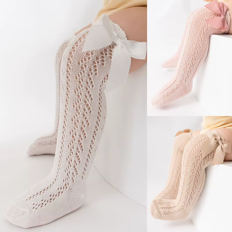 Calcetines largos de algodón con lazo para niña – Malla calada verano
