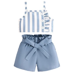 Conjunto verano niña Boutique – Top algodón a rayas sin mangas y shorts – Moda coreana