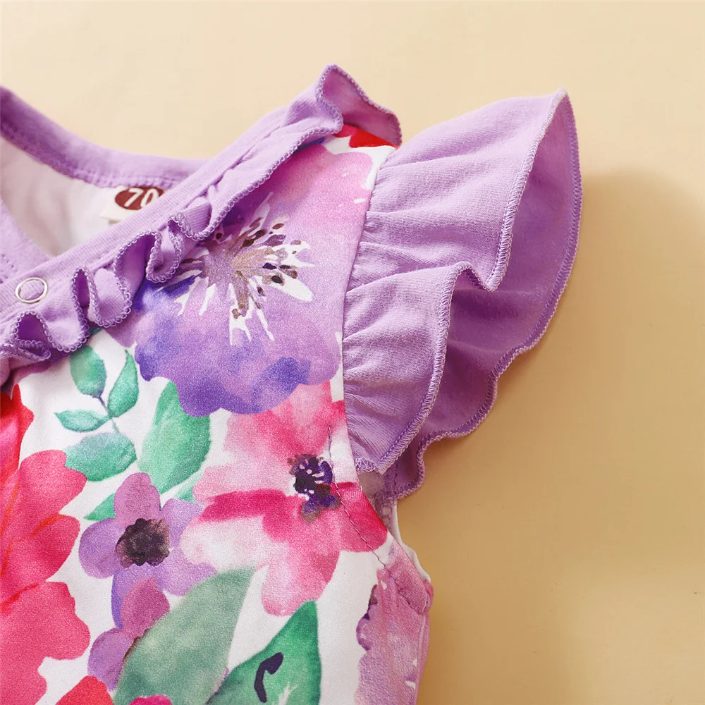 Pelele de bebé niña con volante floral y diadema para verano - imagen 3