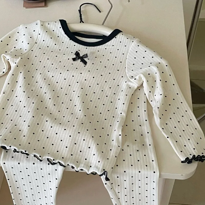 Pijama infantil de algodón suave coreano con lazo puntos negros - imagen 2