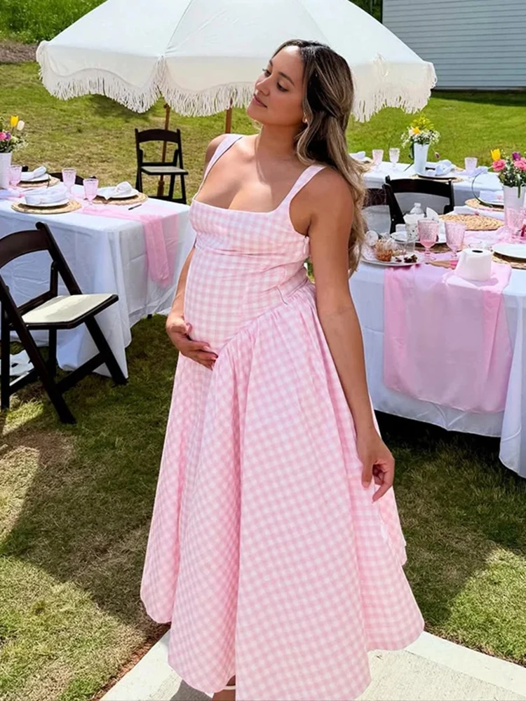 Vestido de maternidad de cuadros vichy sin mangas para sesión de fotos - imagen 5