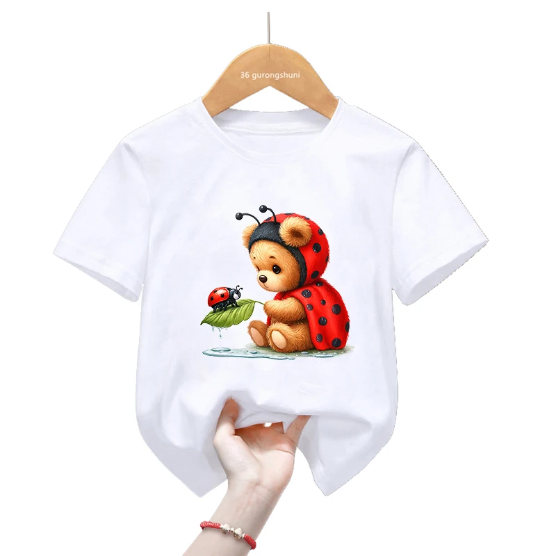 Camiseta infantil manga corta mariquita y oso estilo kawaii Harajuku - imagen 4