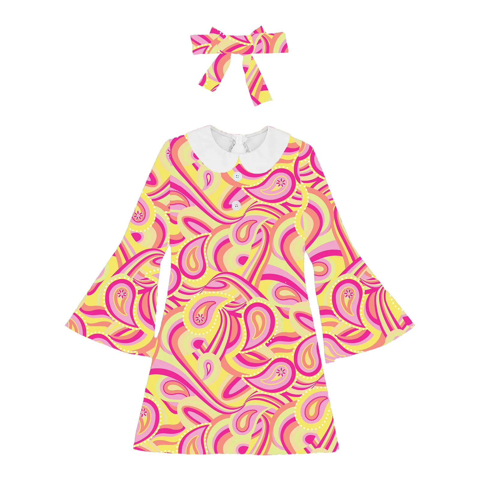 Vestido hippie retro de manga acampanada para niñas, estampado - imagen 3