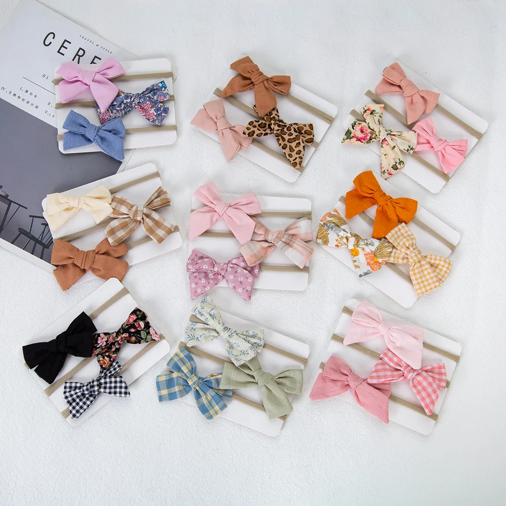 Bandas con lazo para niña – Set de 3 a cuadros con flores
