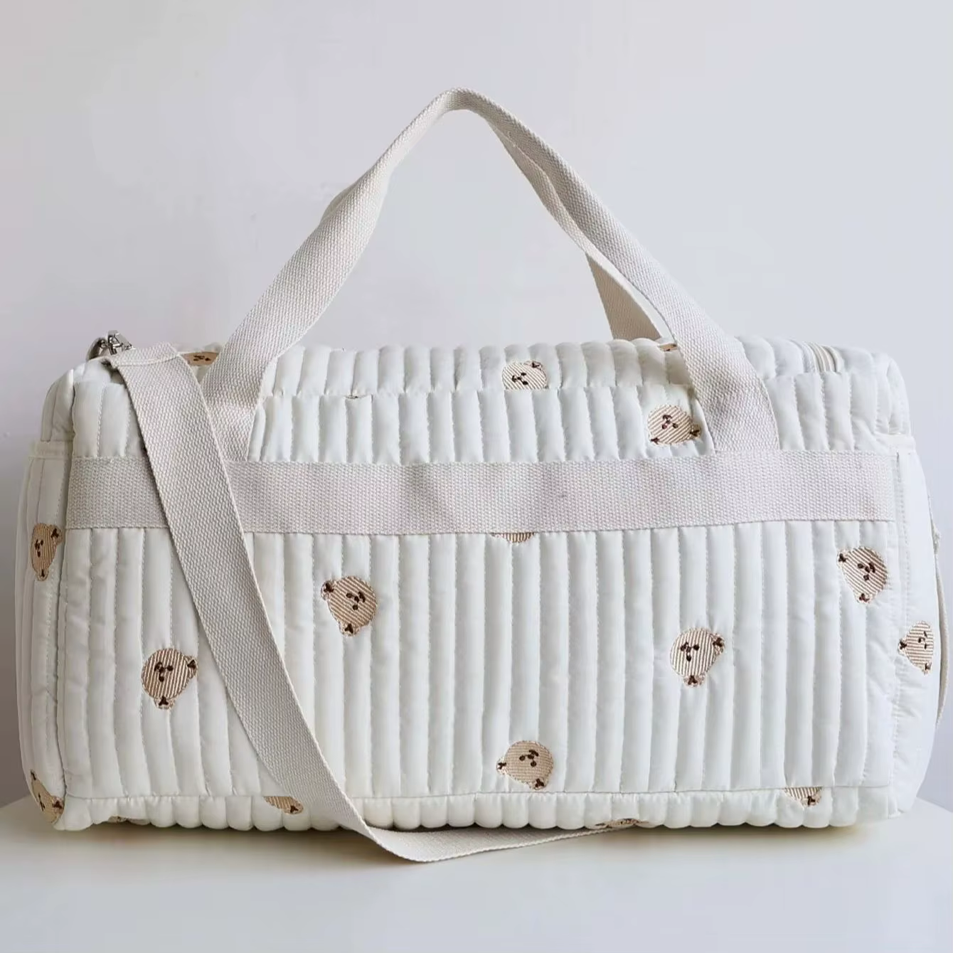 Bolsa de pañales para mamá – Algodón beige bordado oso - imagen 5