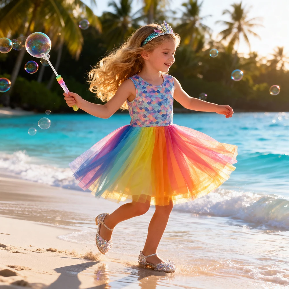 DXTON Vestido de sirena de verano sin mangas para niñas princesa - imagen 3