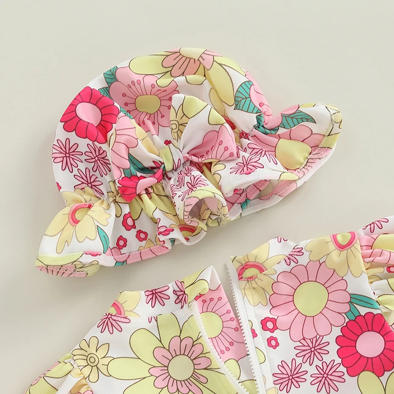 Tregren traje de baño infantil floral con manga larga y sombrero - imagen 2