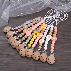 Cadena chupete madera haya con cuentas silicona y flores