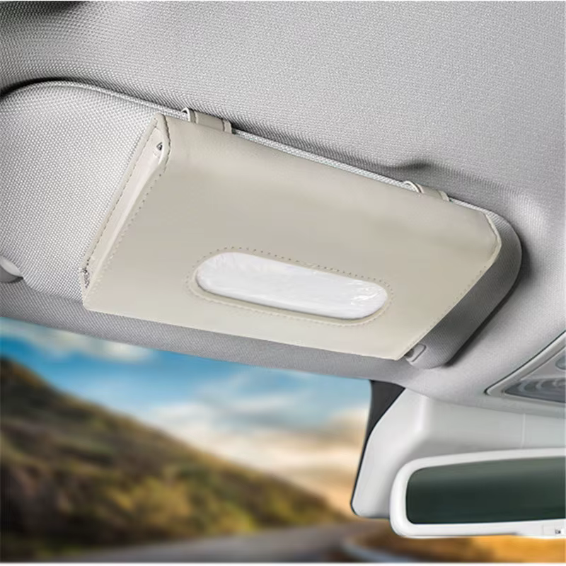 Caja de pañuelos para coche en cuero PU con soporte parasol compacto - imagen 4