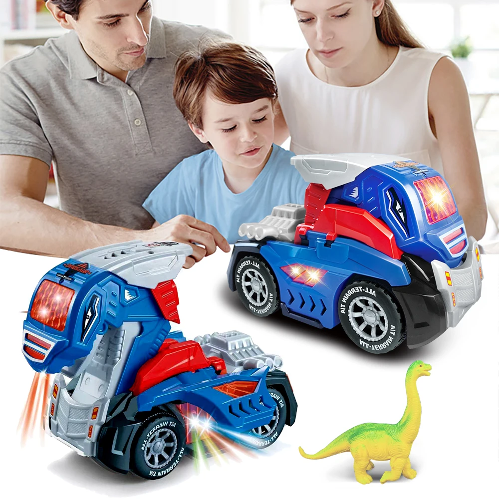 Robot de coche y dinosaurio en posición de coche