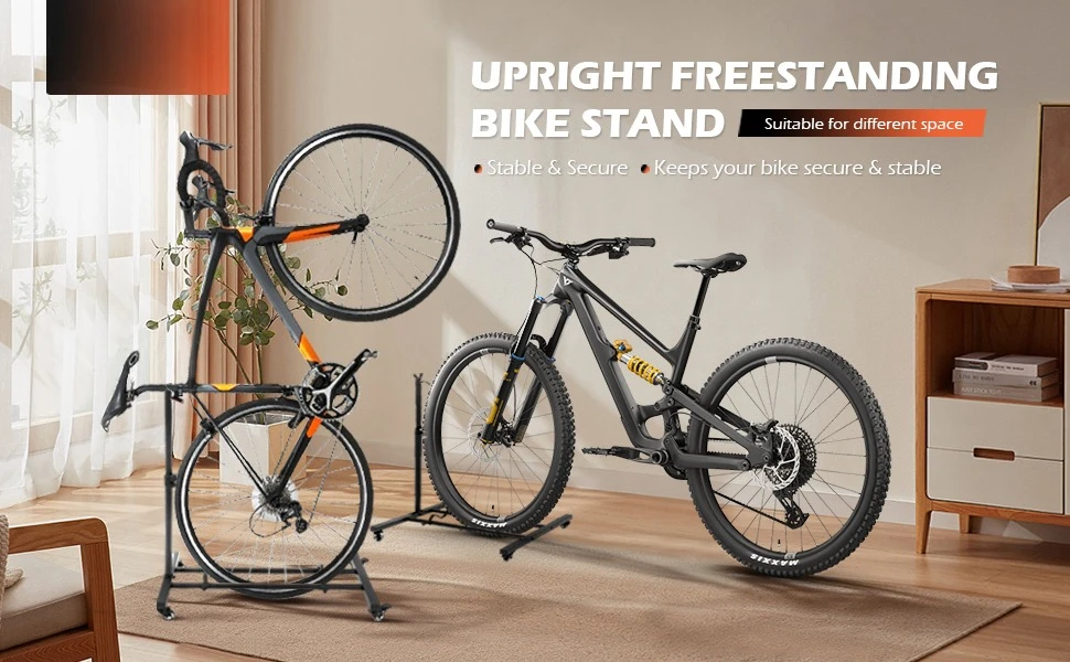 Vista frontal del soporte vertical con bicicleta montada