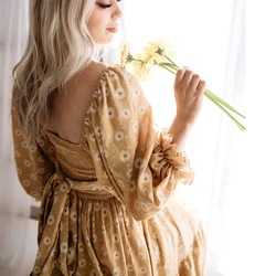 Vestido de maternidad algodón manga larga con margaritas estilo retro