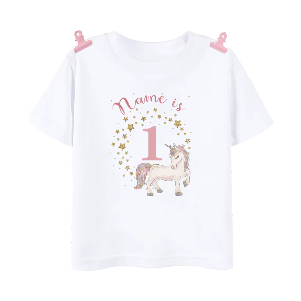 Camiseta de fiesta para niñas con diseño de unicornio y nombre personalizado
