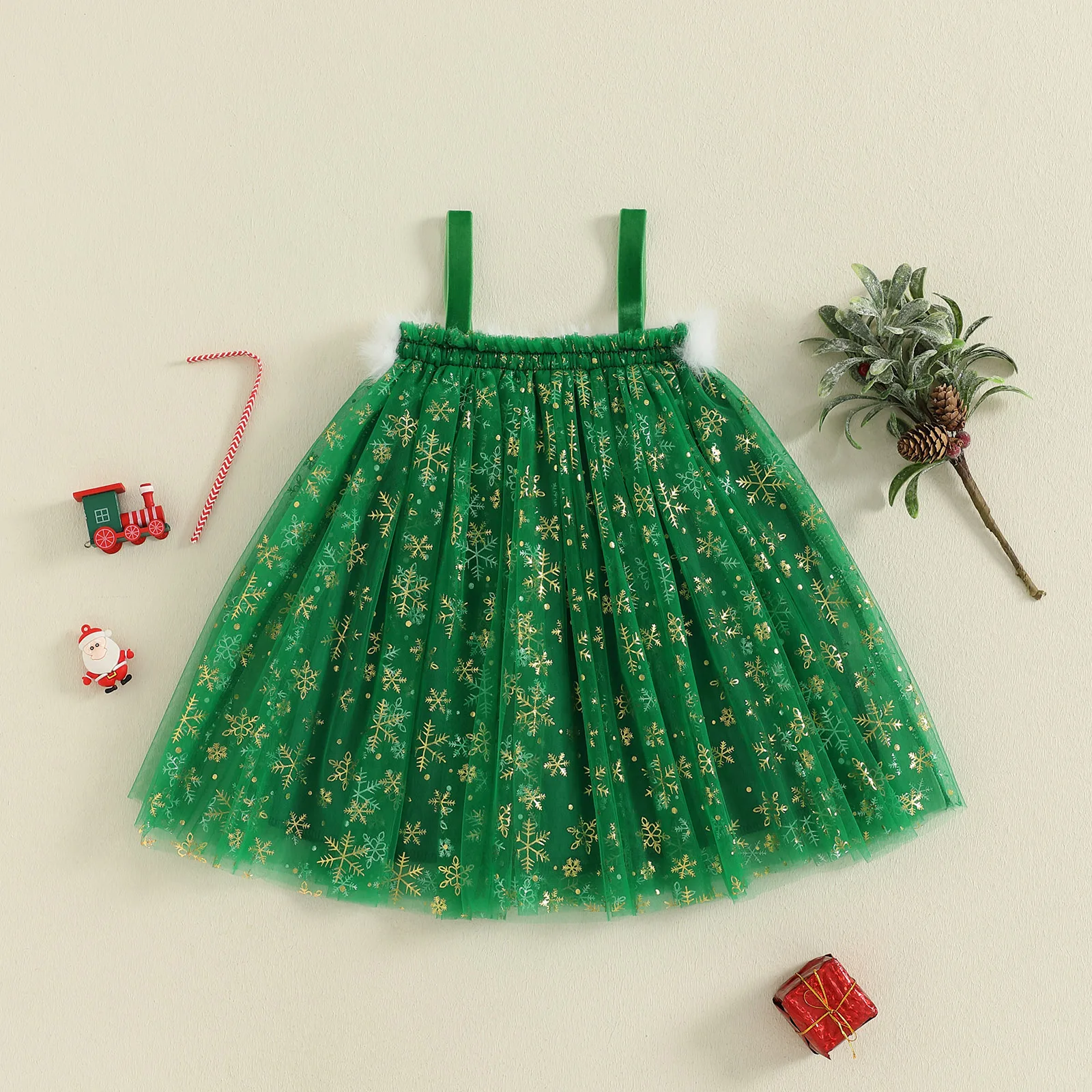 Tregren vestido de Navidad sin mangas de tul patchwork estampado árbol - imagen 3