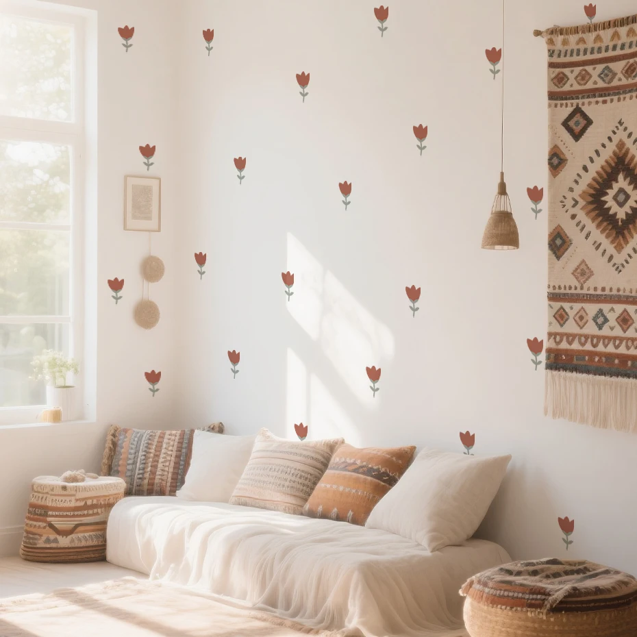 Pegatina de pared infantil roja con flores bohemias para habitación - imagen 3