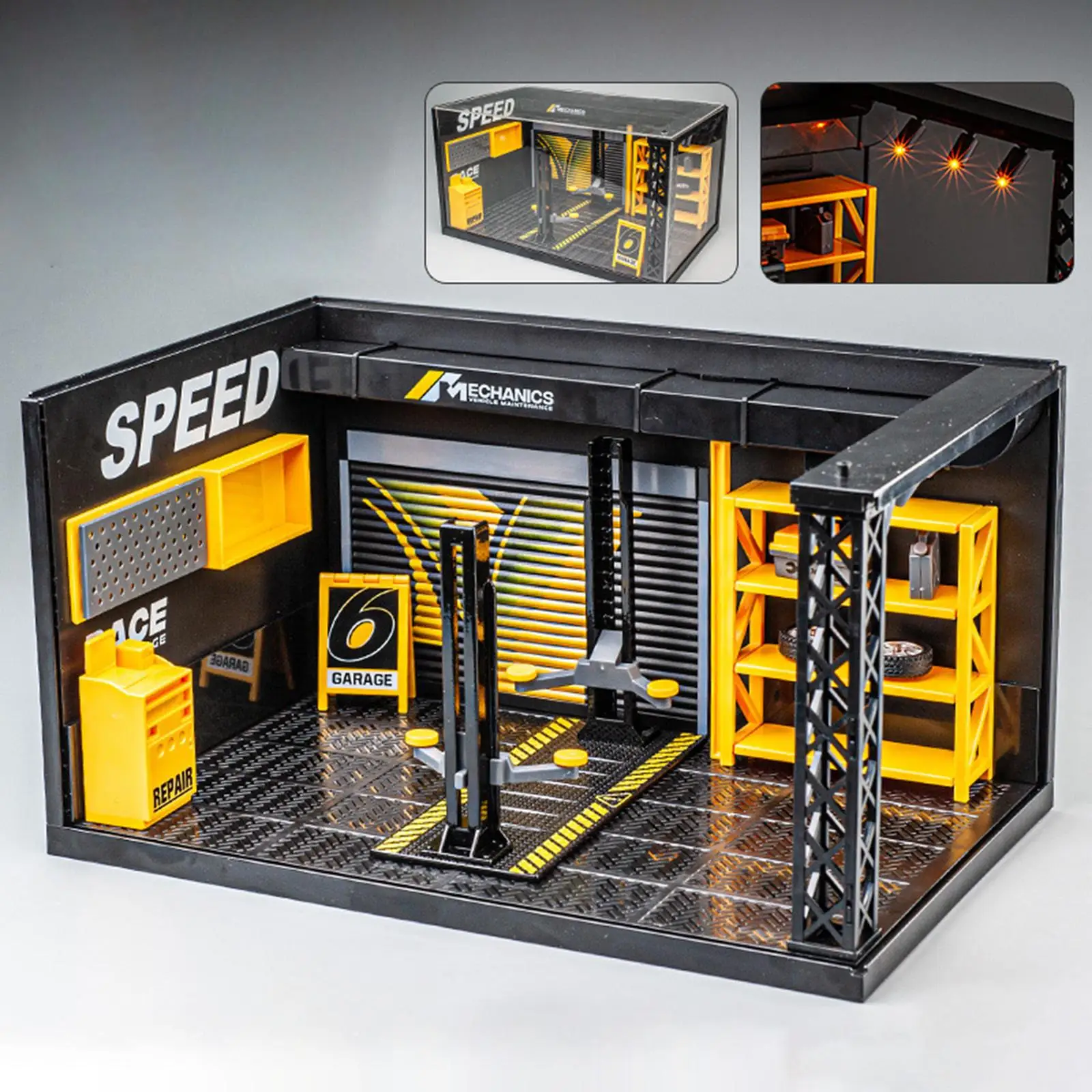 Modelo de garaje en miniatura con iluminación