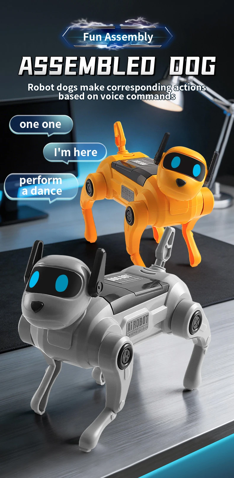 Perro robot DIY en colores amarillo y gris