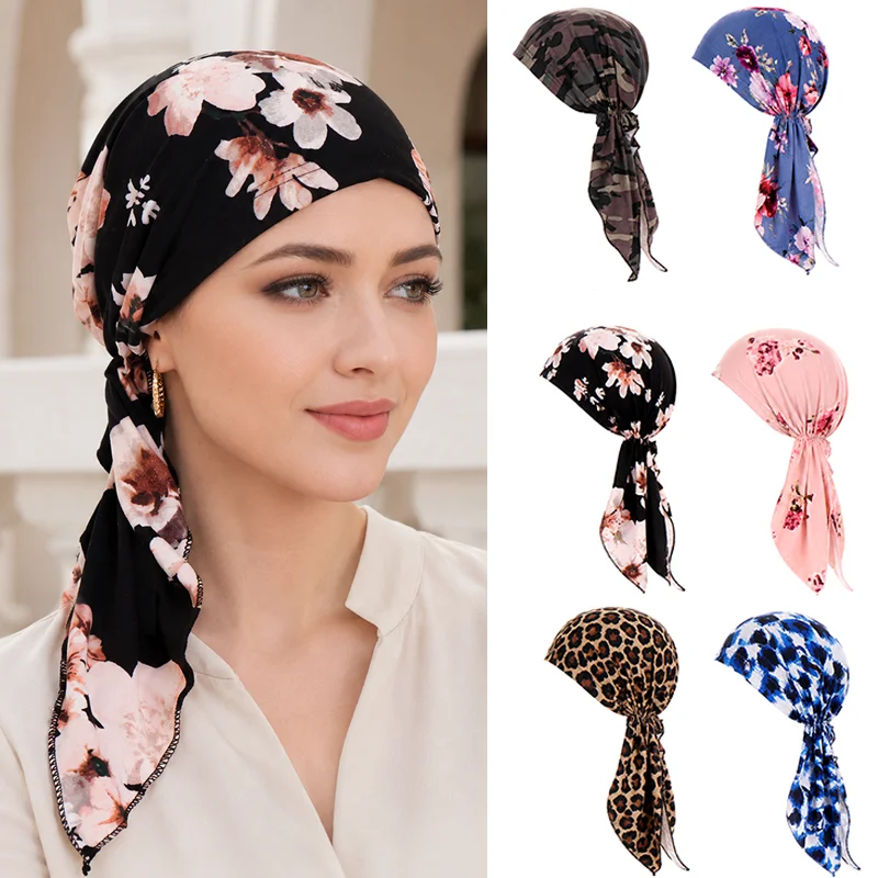 Gorro turbante floral transpirable de poliéster con lazo