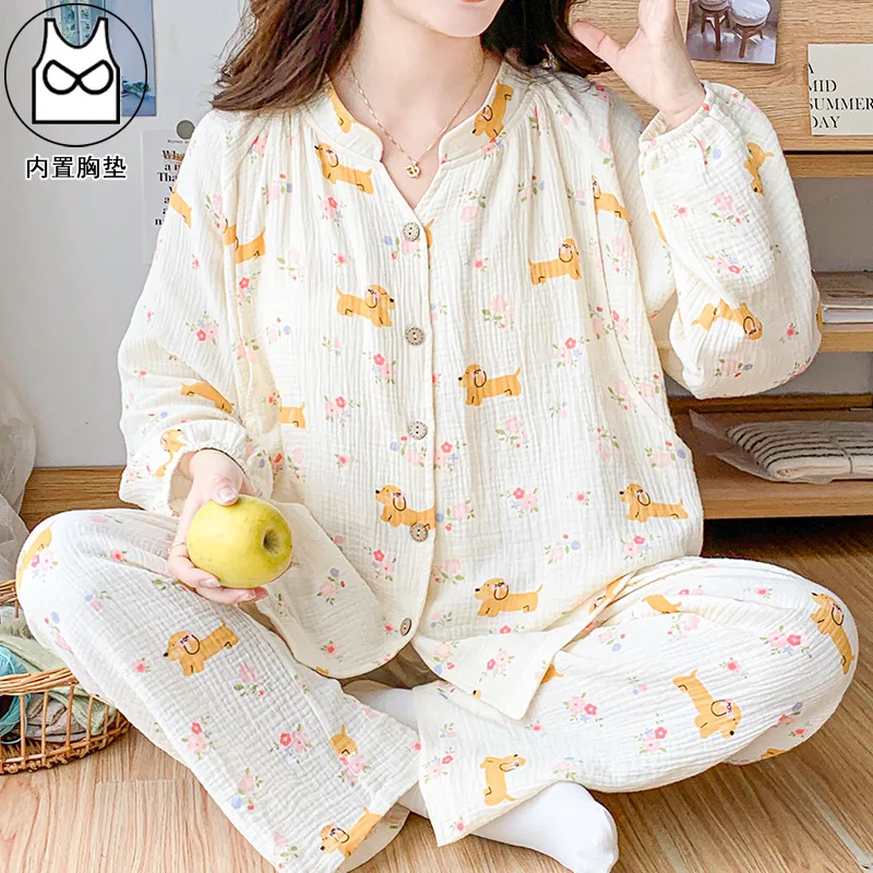 Pijama de lactancia de algodón puro con gasa floral doble capa - imagen 2