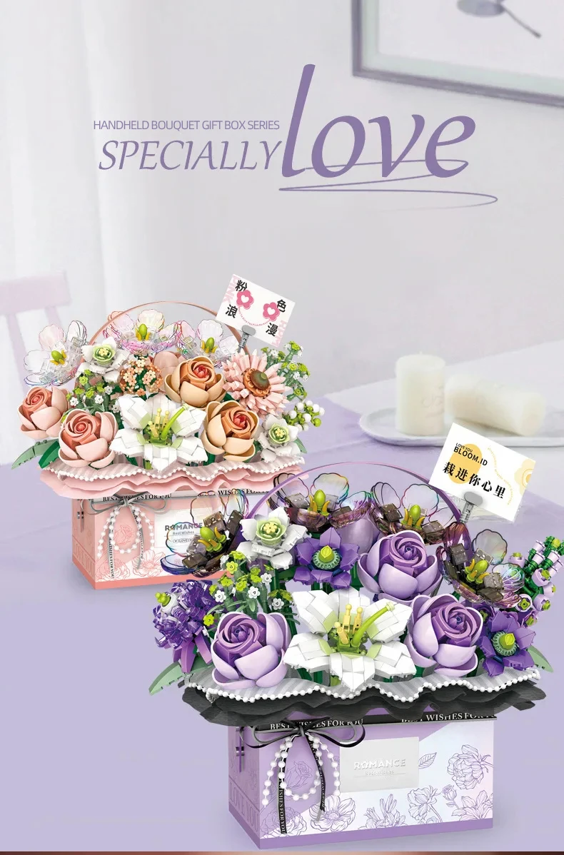 Cesta de rosas rosadas con detalles florales