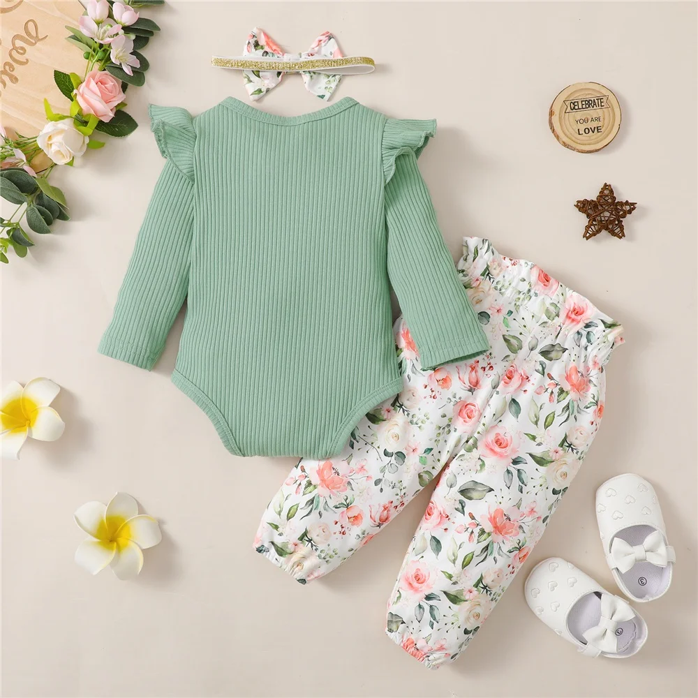 Conjunto niña 0-18 meses: pelele verde con top y pantalón floral - imagen 4