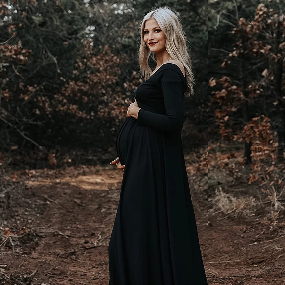 Vestido de maternidad largo con cuello en V y manga larga elegante - imagen 2