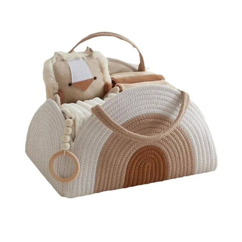 Bolsa de pañales portátil con cesta tejida de cuerda de algodón