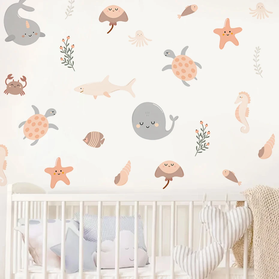 Pegatinas de pared infantiles marinas bohemias con delfines y ballenas - imagen 3