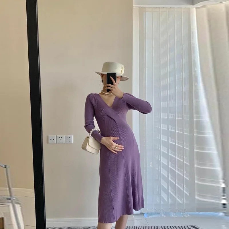 Vestido premamá de punto con cuello en V para otoño e invierno - imagen 4