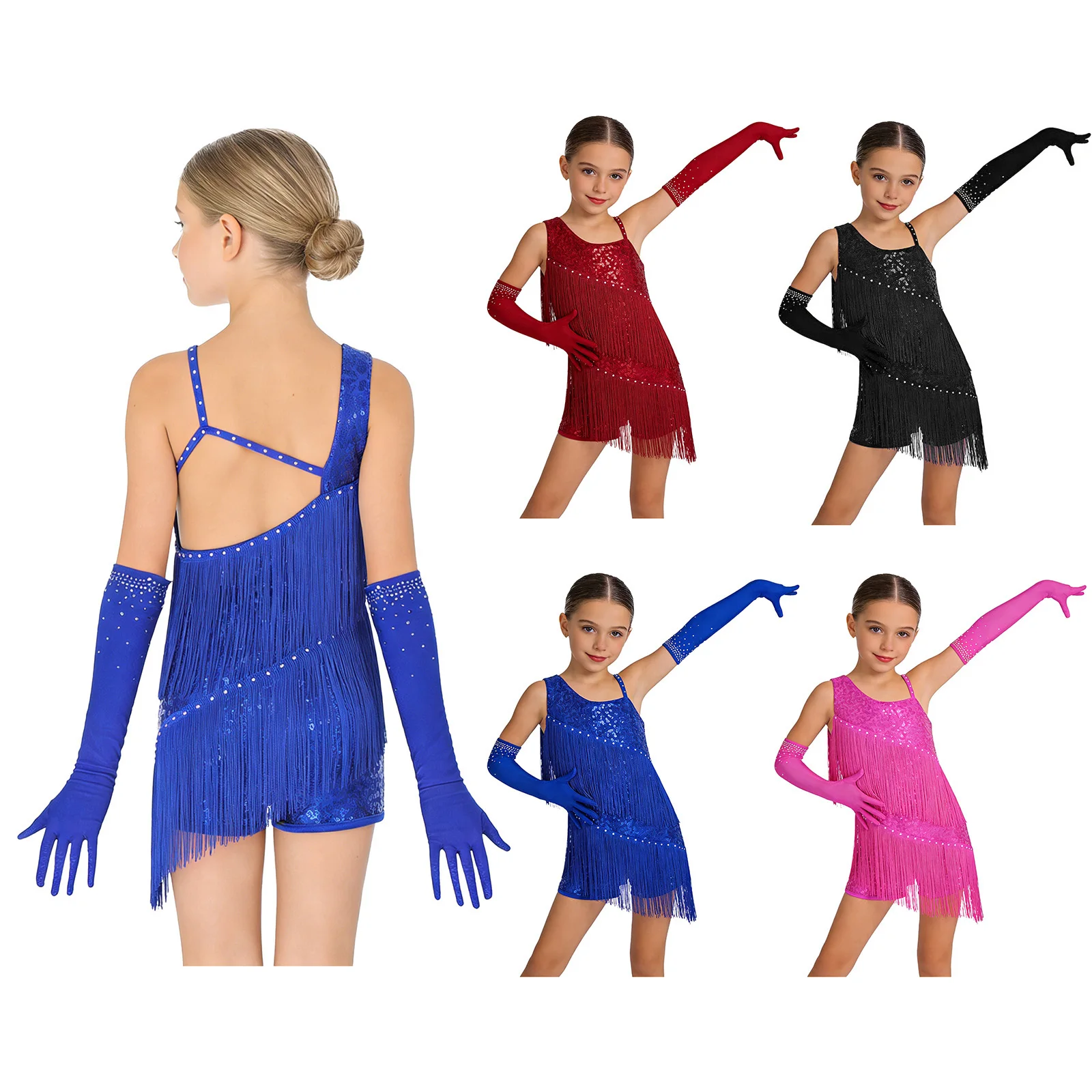Traje de baile latino para niñas con lentejuelas y borlas - imagen 2