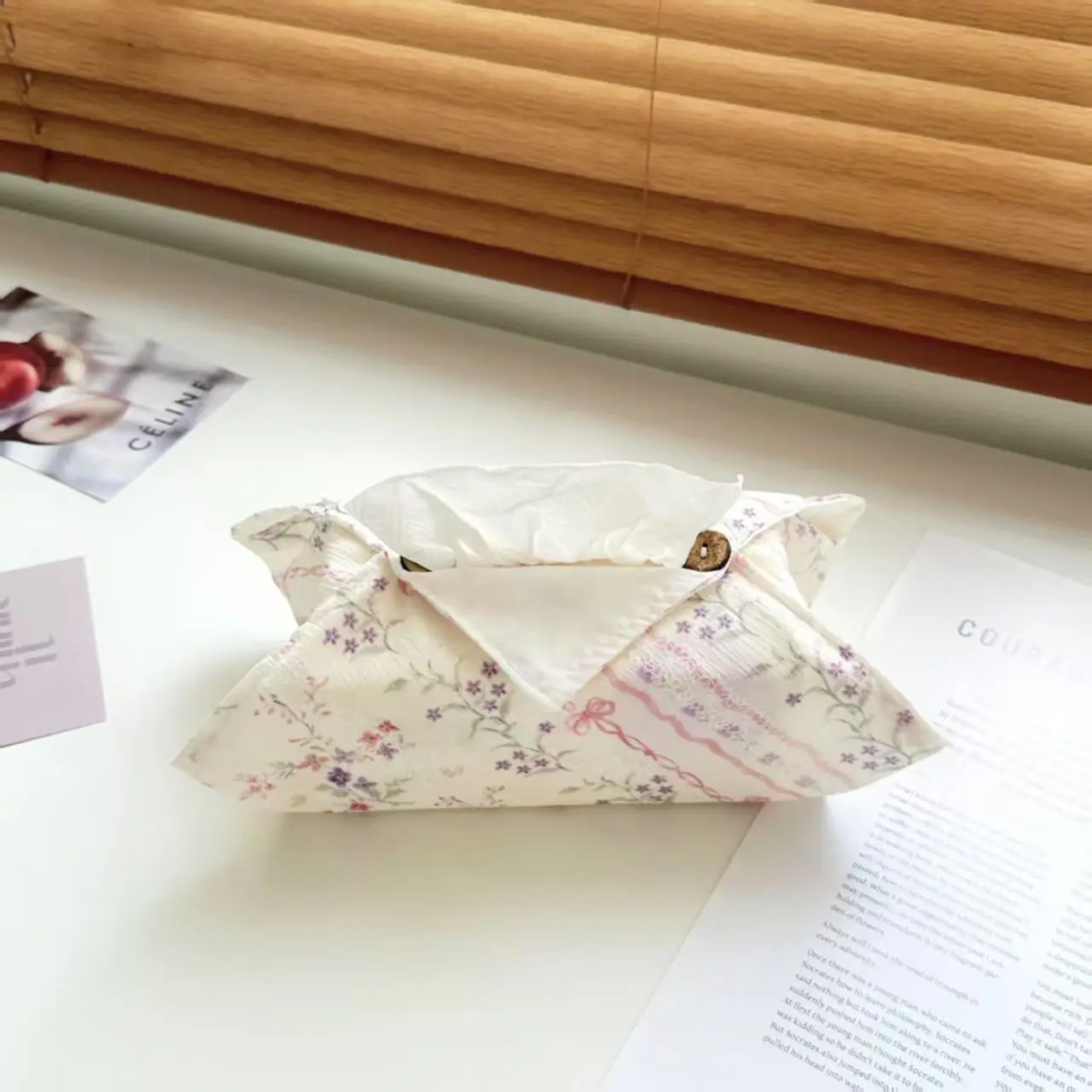 Porta pañuelos de tela estilo francés con lazo rosa estampado - imagen 3