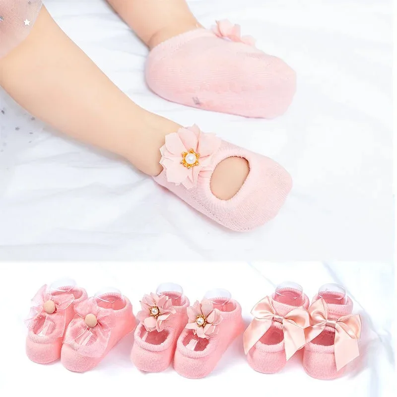 Calcetines tobilleros antideslizantes lazo encaje princesa perla bebé - imagen 5