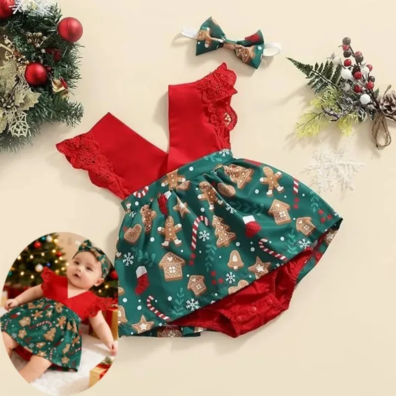 Conjunto de ropa de Navidad para bebé niña – Pelele de encaje con diadema - imagen 5