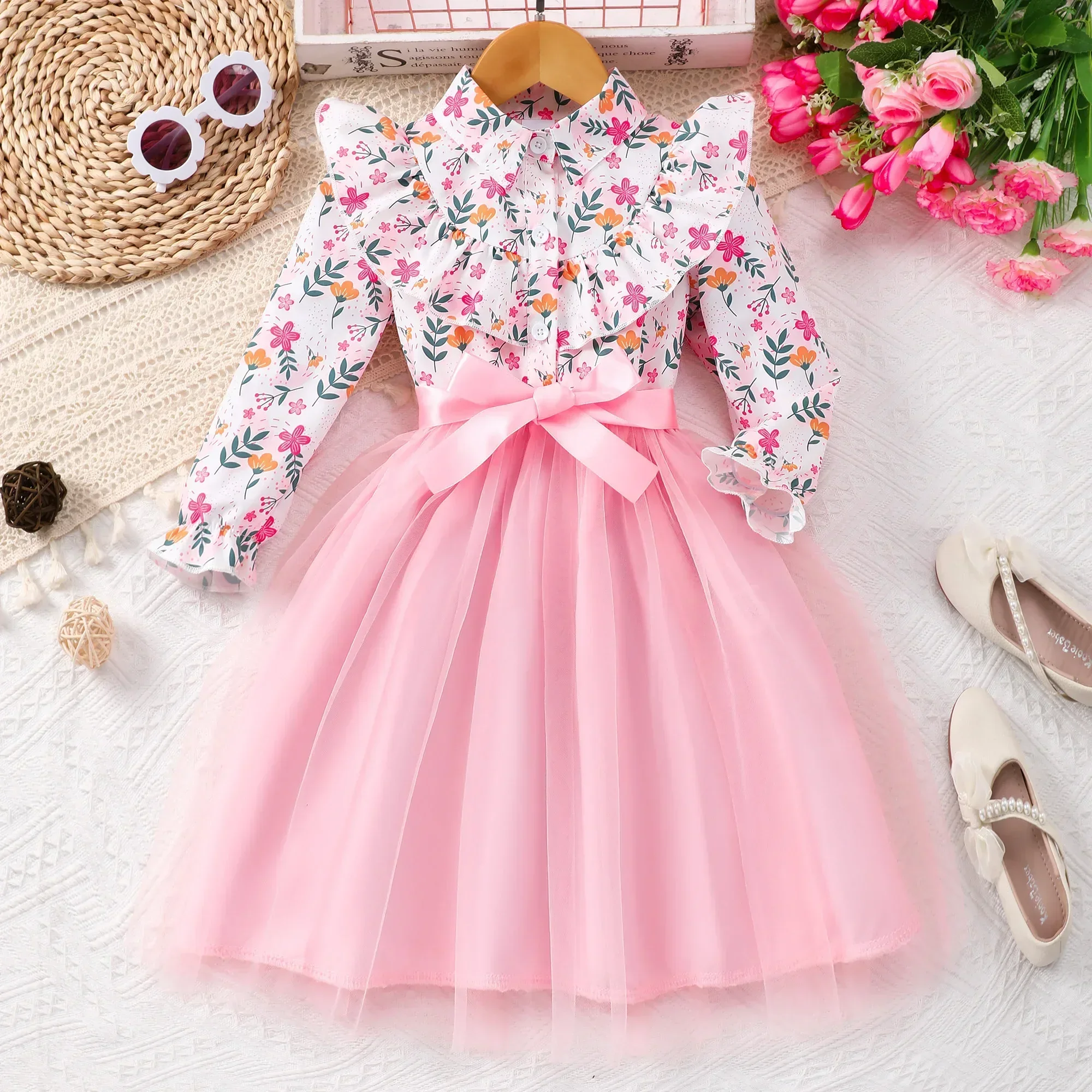 Vestido niña azul princesa con cinturón de gasa y manga larga - imagen 4