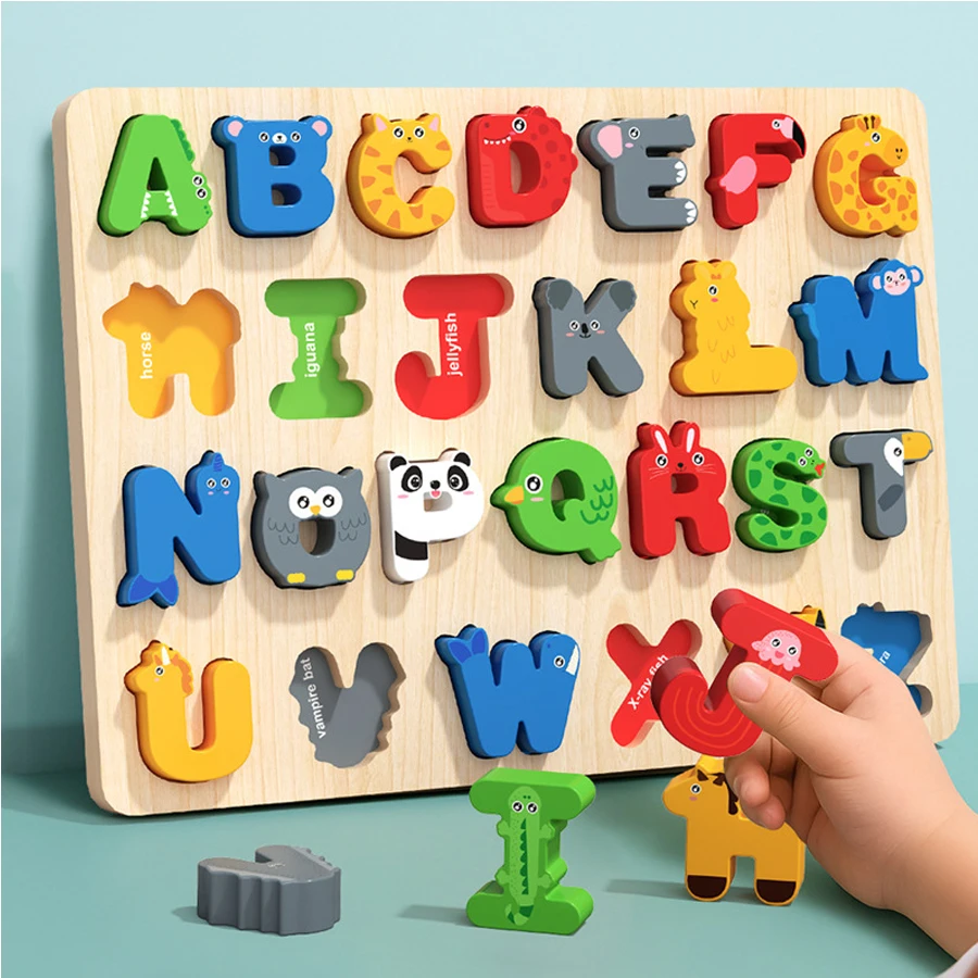 Tablero Montessori de madera con letras y números en formas - imagen 3