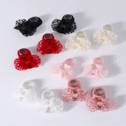 Calcetines antideslizantes para bebé con diadema lazo de encaje