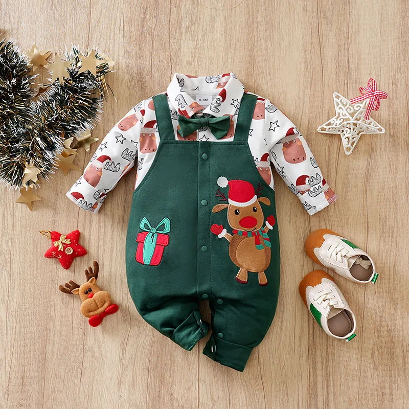 Pelele bebé navideño de terciopelo verde de algodón – Invierno - imagen 4