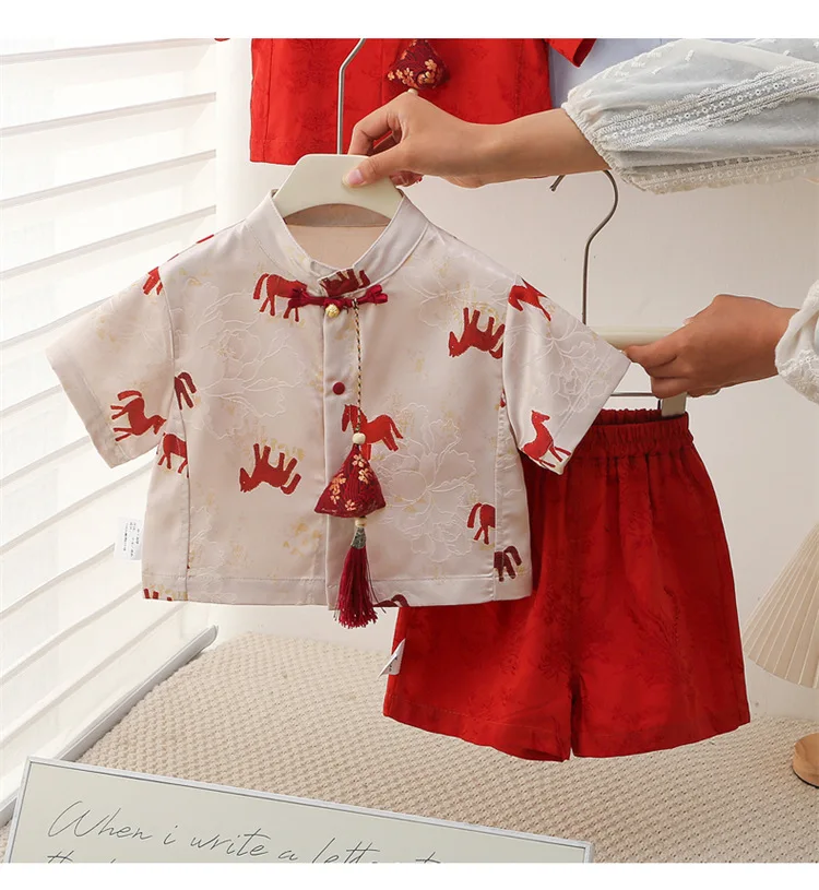 Conjunto de verano para bebé con estilo chino y camiseta de manga corta