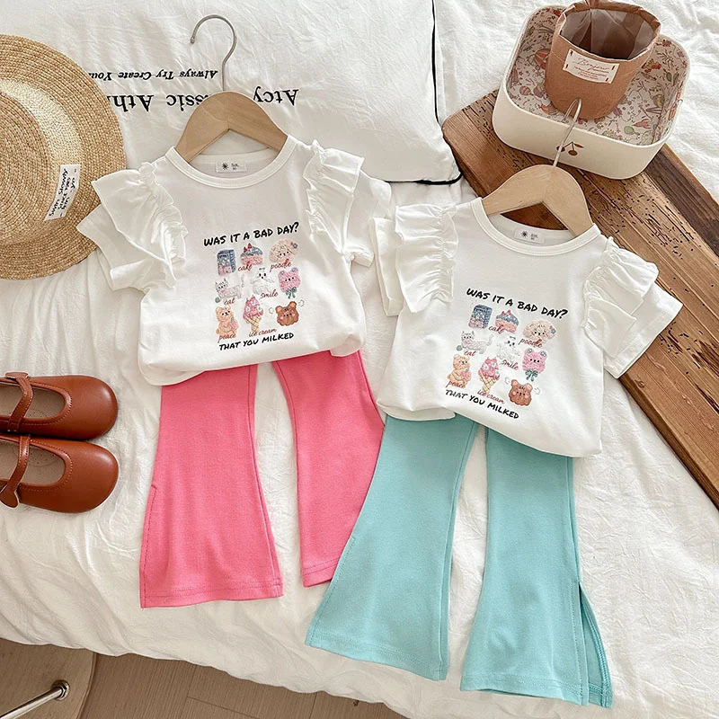 Conjunto de verano para niña con volantes – Camiseta y pantalón campana - imagen 2
