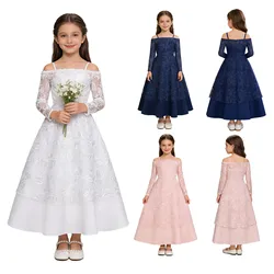 Vestido niña de ceremonia con encaje y hombros descubiertos