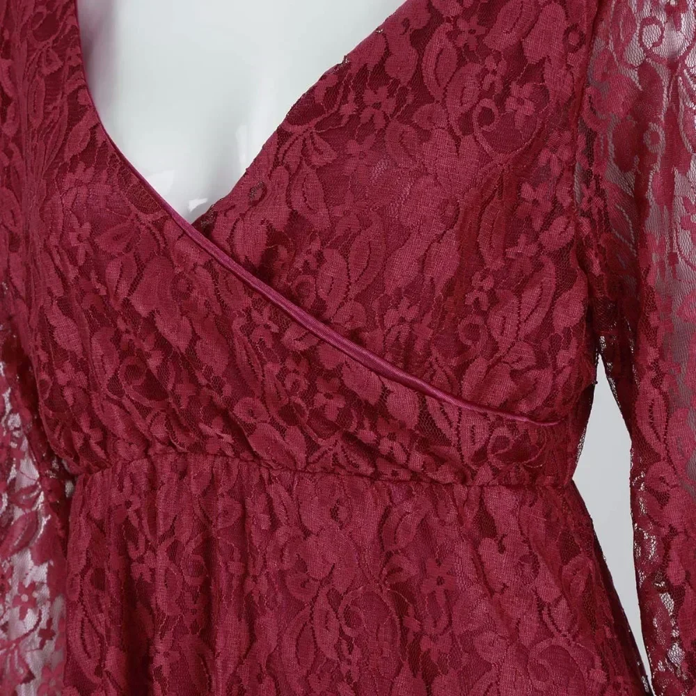 Vestido de embarazo manga larga encaje cuello en V vino tinto - imagen 3