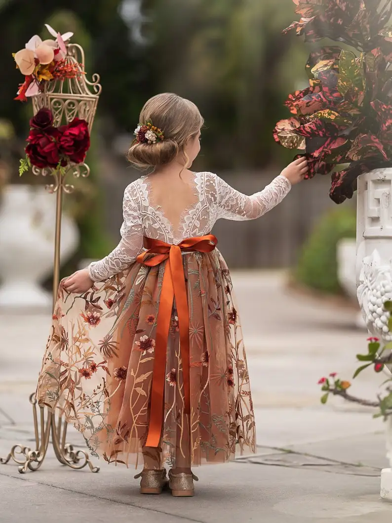 Vestido de niña de tul floral naranja – encaje rústico de fiesta