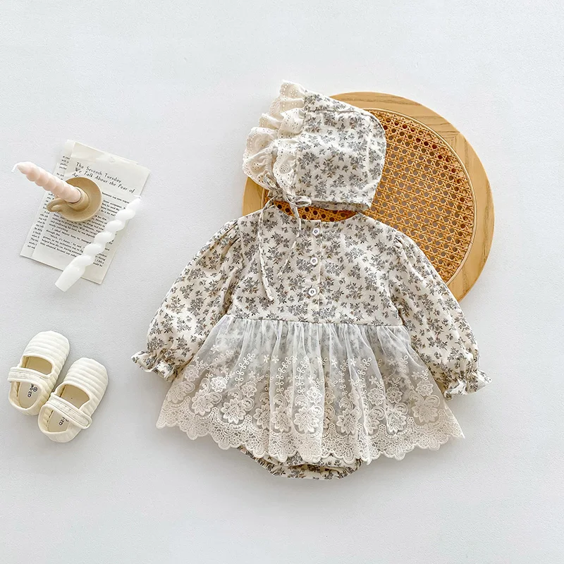 MILANCEL Vestido de encaje para niña – Mameluco floral con sombrero - imagen 3