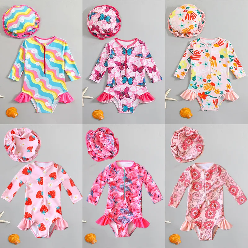Traje de baño de manga larga con cremallera y gorro para bebé niña