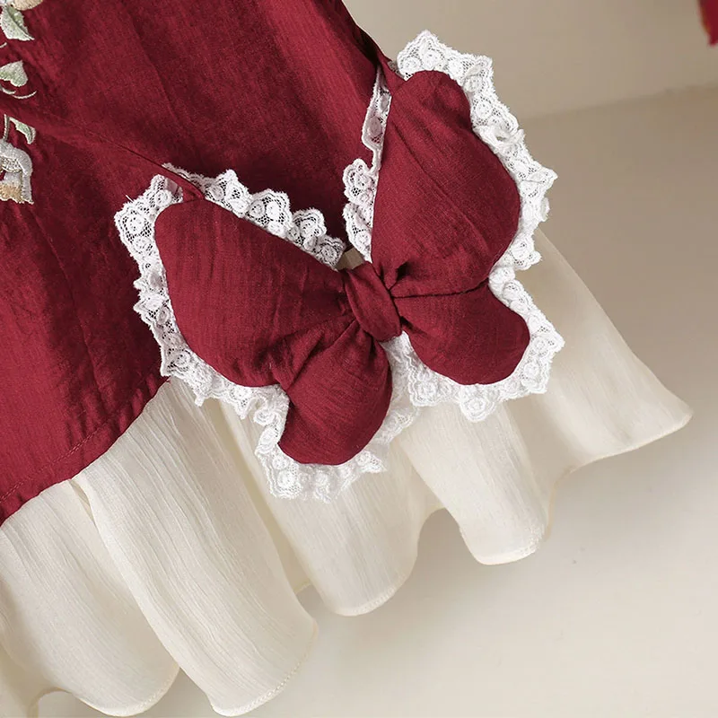 Vestido de verano para niña estilo chino rojo con bordado floral - imagen 3