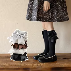 Calcetines altos de niña con lazo grande sin costuras primavera