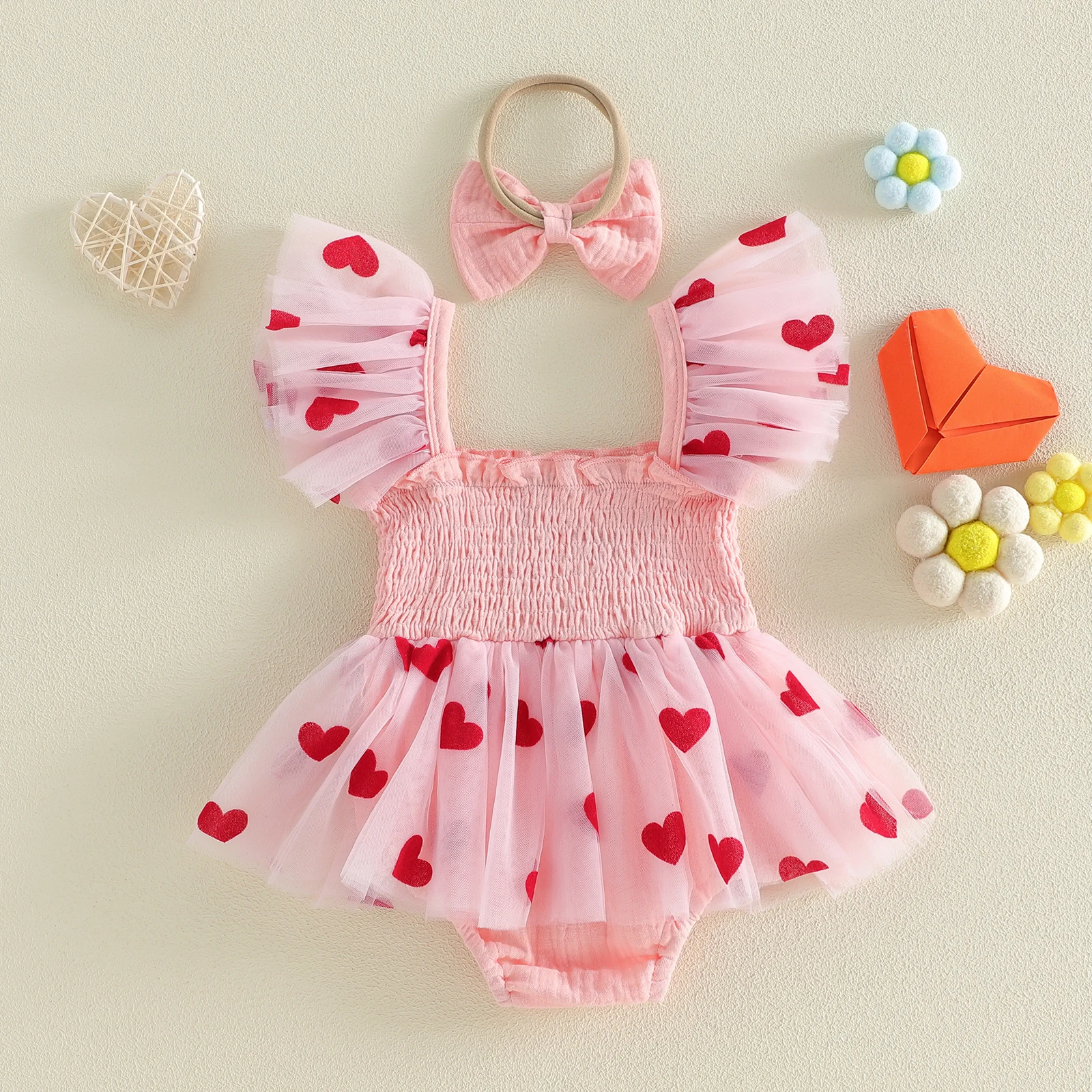 Conjunto bebé niña vestido de tul con diadema lazo corazón - imagen 4